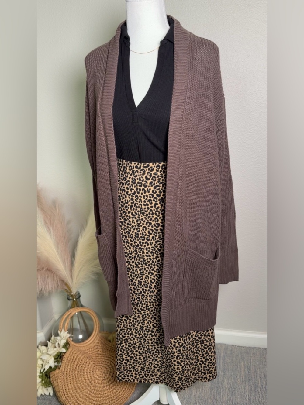 100% cotton - Max & Mia - Cottagecore Open-Front Brown Knit Cardigan Sweater